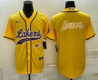 Mens Los Angeles Lakers Yellow Big Logo With Patch Cool Base Stitched Baseball Jerseys->->NBA Jersey